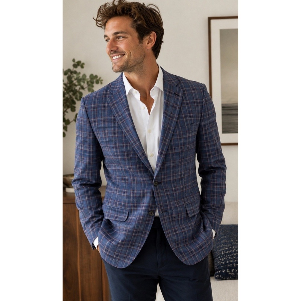 Dormeuil Amadeus Blue Plaid Blazer Sport Coat Tailored Jacket Bespoke 48R/XL